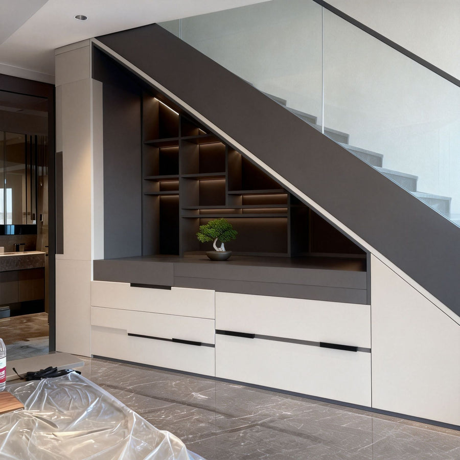 Galerie – niches lumineuses et tiroirs sous escalier